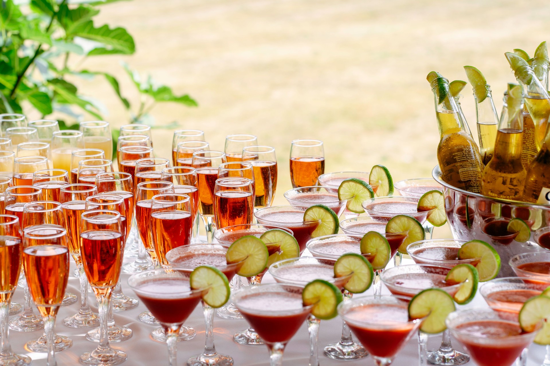 Table of cocktails at a wedding garden party reception, family friends and guests